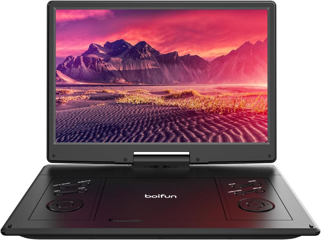 15.7" Portable DVD Player with 14.1" Large HD Screen, 6 Hrs Rechargeable Battery, FM Out, Sync TV, USB, SD Card and Multiple Disc Formats, Dual Speaker, Black