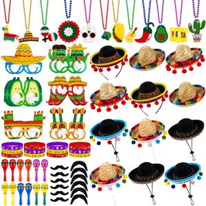 Fovths 72 Pieces Mexican Fiesta Party Supplies Mexican Party Favors Include Fabric Straw Sombrero Headbands Necklaces Eyeglasses Mustaches Plastic Maracas Silicone Bracelets Cinco De Mayo Party Decor