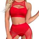 Women Rave Outfits Cutout Fishnet Top Booty Shorts Bottom Choker 3Pcs Babydoll Nightwear Festival Lingerie (Medium, Red)