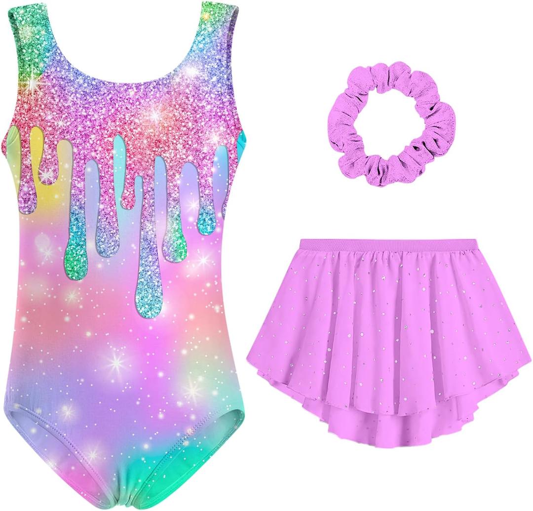 Idgreatim Girls Gymnastic Leotard Ballet Dance Dress Outfit with Removable Skirt Hair Scrunchie Combo 4-11 Years (7-8 Years, Green Pink)