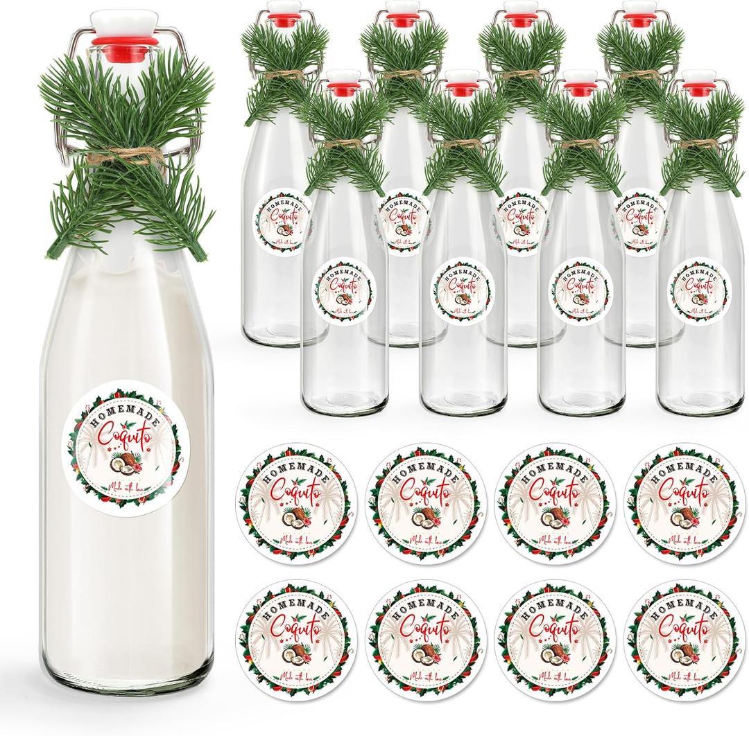 Whaline 8 Sets Christmas Coquito Swing Top Glass Bottles 16oz Clear Flip Top Bottles with Caps Pine Needles Label Stickers for Xmas Holiday Party Home Dinner Decor