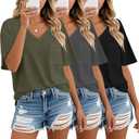 Riyiper 3 Pack Womens V Neck T-Shirts Short Sleeve Waffle Knit Oversized Loose Fit Casual Summer Tees Basic Tops (Medium, Army Gree/ Light Gray, Black)
