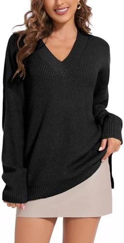 BERESIA Women's V Neck Oversized Sweaters for Women Off Shoulder Loose Knit Jumper Pullover Tops, S