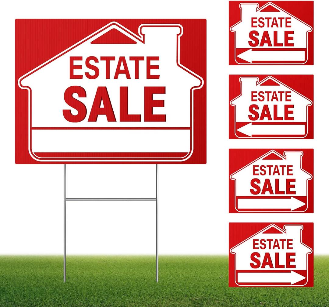 [5 Pack] Estate Sale Signs Set - 16 x 12 Inch Double-Sided Yard Signs With Arrows and Metal H Stakes - Property Sale Directional Signs - Weather-Proof