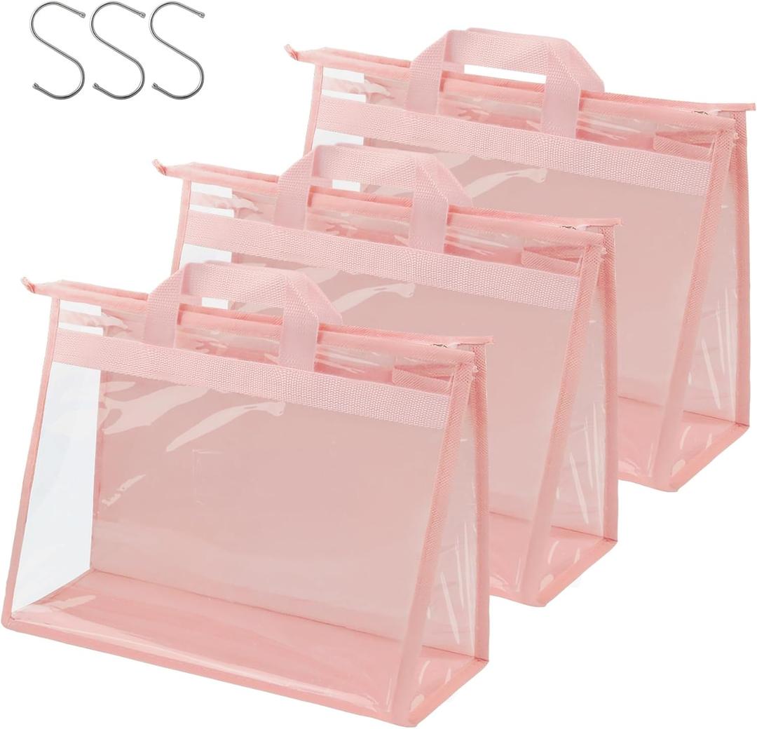 Vercord Clear PVC Handbag Dust-Free Cover Moisture proof Purse Storage Bag Organizer with Handle Zipper Space-Save Holder for Closet Pink XL 3Pcs