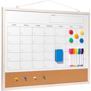Dry Erase Calendar Whiteboard, 24" x 18" Magnetic Whiteboard Cork Board Combo, Reusable Monthly Planner with 8 Markers, Eraser, Magnets and Pushpins, Hanging Dry Erase Board for Home, School - White