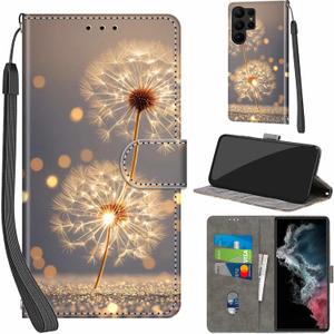 Case Wallet for Samsung Galaxy S23 Ultra, with [3 Card Slots], Kickstand Magnetic Closure PU Leather Shockproof Protective Flip Cover 6.8" 2023, Golden Dandelion