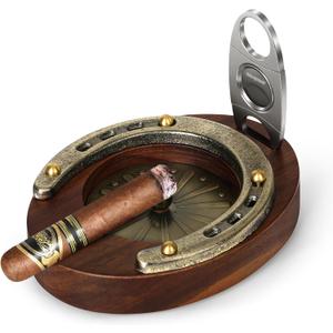 Cigar Ashtray, Horseshoe Wooden Portable Ashtray with Cutter, Zinc Alloy Anti-scald Gasket, Cigar Slot and Holder for home, office, bar and outdoor (Brown-Portable Ashtray)