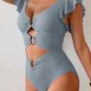 B2prity Women One Piece Swimsuit Tummy Control Ruffle Sleeve V Neck Bathing Suit Cutout Sexy High Waisted Monokini (Blue, XL)