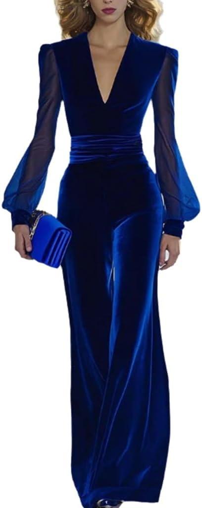 Wuitrie Formal Jumpsuits for Women Long Sleeve V-Neck Slim-Waist Wide-Leg Velvet Jumpsuit Elegant Party Outfits, Large