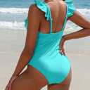 SOCIALA Women's Ruffle One Piece Swimsuits Sexy Deep V Neck Tummy Control Ruched Bathing Suit Monokini Swimwear Aqua XS (Green, S)