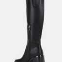 Coutgo Women's Knee High Boots Wide Calf Square Toe Chunky Heeled Pull-on Boot (6.5, Black)