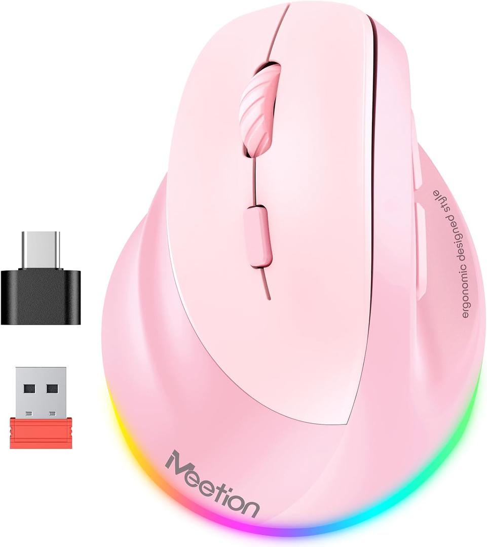 MEETION Left-Handed Mouse, Ergonomic Mouse Wireless Vertical Mouse, RGB Mice for Bluetooth(5.2 + 3.0) & USB-A with Type-c Adapter 4 Adjustable DPI for Mac/Windows/Tablet/iPad/PC Pink