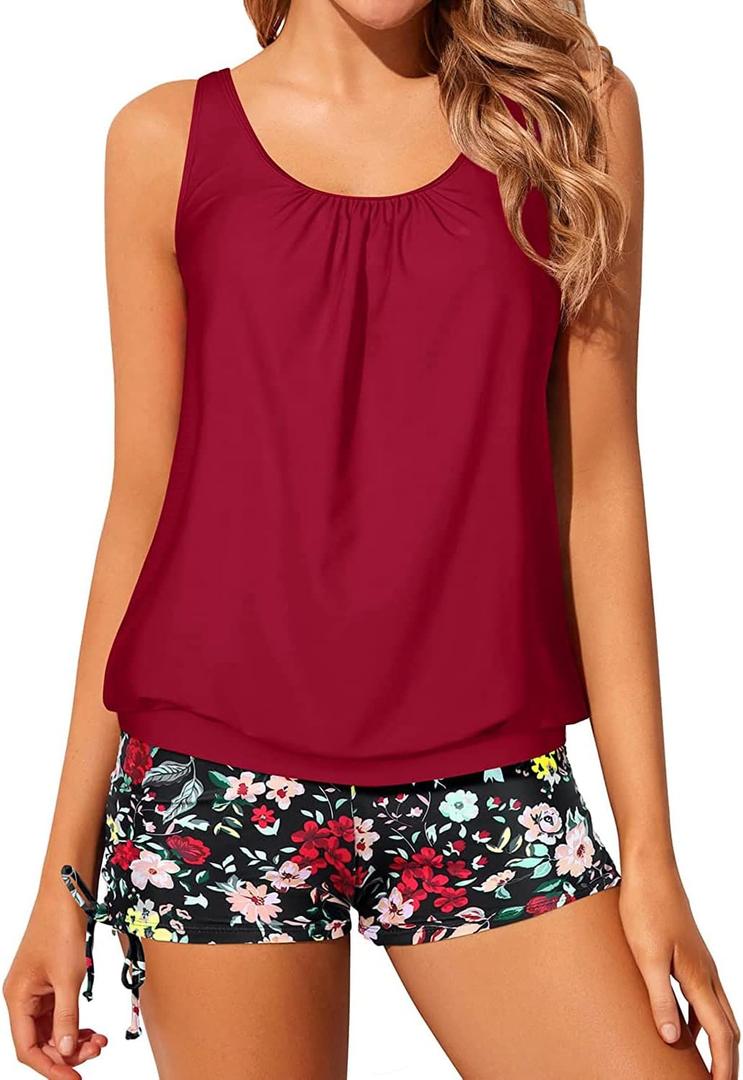 Yonique Blouson Tankini Swimsuits for Women 2 Piece Bathing Suits Tops with Boyshorts Modest Loose Fit Swimwear (Large, Red Floral)