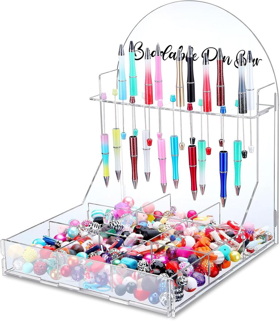 Glenmal Beadable Pen Bar Holder with Sorting Tray 10 Slots Beadable Pen Display Stand Beadable Pen Storage Organizer with Bead 9 Grid Organizer Box Divided Storage Case for DIY Home Office (Acrylic)