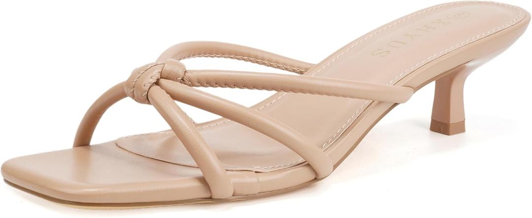 Women's Spaghetti Strap Square Open Toe Kitten Heel High Heel Sandals, Knot Design, Summer Fashion Slippers, Heel Height 1.8~2 inches (Nude)