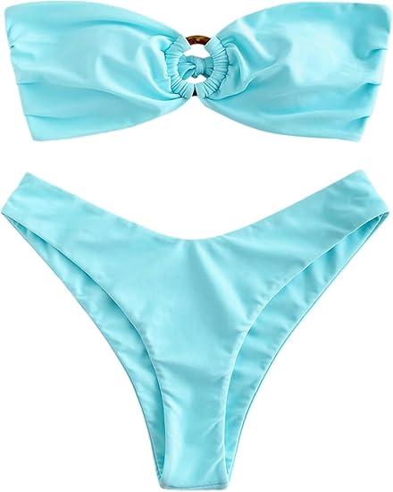 ZAFUL Women's Bandeau Bikini O Ring Strapless Tie Back High Cut Two Piece Swimsuit Bathing Suits, Size: S