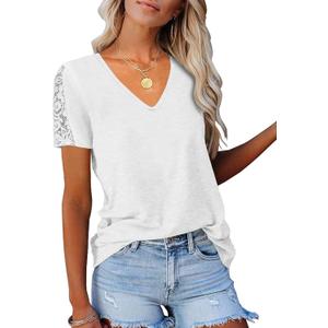 Eachyes Womens Lace Short Sleeve V Neck T Shirts Summer Casual Tops Loose Fit Tees Blouses