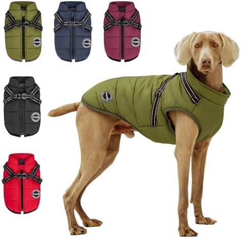AIMYDOG Warm Dog Winter Coat, Cold Weather Jacket with Built-in Harness, Reflective & Adjustable Comfortable Pet Vest, Windproof Apparel for Small Medium Large Dogs (Green), XXL
