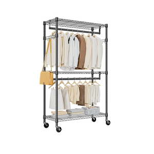 M MZG Heavy Duty Rolling Garment Rack 3 Tiers Adjustable Wire Shelving Clothes Rack with 2 Rods and Side Hooks,Storage Closet Clothing Rack with Wheels Black 15.7" D x 29.5" W x 74.5" H