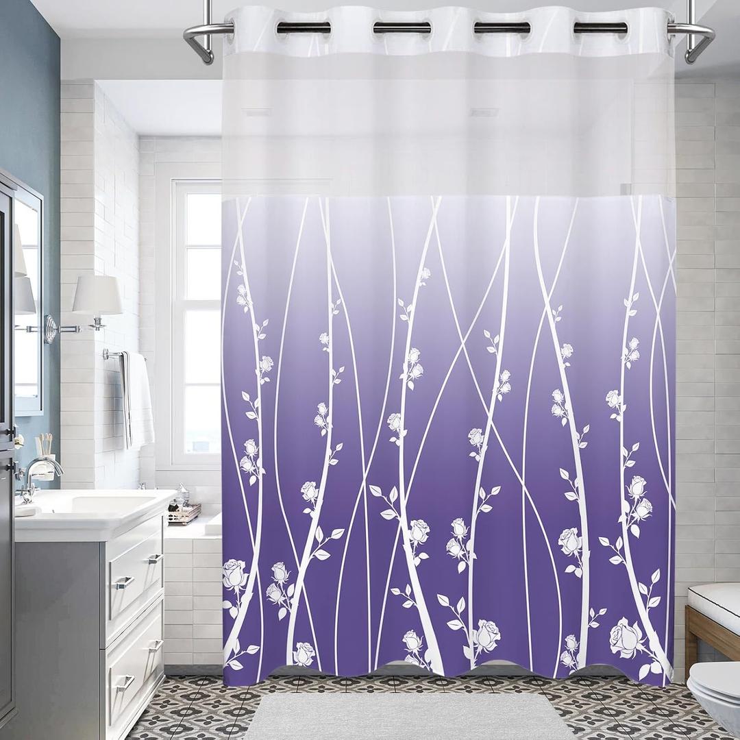 No Hook Shower Curtain Whith Snap in Liner Set, Purple Ombre Floral Striped Fabric Shower Curtains for Bathroom Hotel Decor 71x74 Inches