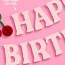 xo, Fetti Happy Birthday Cherry Banner - Pink Glitter, 6.5 Ft. | 3D Cherry Garland, Bday Decoration, Accordion Party Sign, Pop Up Photoshoot Backdrop