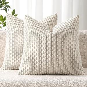 MIULEE Pack of 2 Decorative Throw Pillow Covers 24x24 Inch Soft Boho Striped Textured Corduroy Pillow Covers Modern Farmhouse Home Decor for Couch Bed Sofa Living Room Cream White