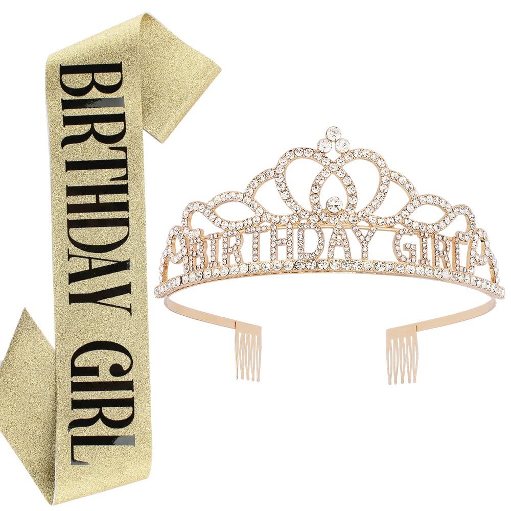 AOPRIE Birthday Crown for Women Birthday Girl Sash for Women Birthday Tiara for Women Birthday Girl Headband Princess Crown Rhinestone Happy Birthday Accessories Gold
