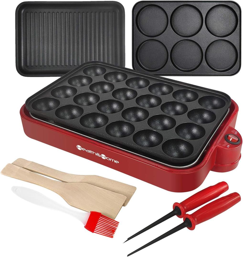 Multifunction Nonstick Baking Maker with 3 Interchangeable Baking Plates for Grill, Pan Cake and Cake Pops, Takoyaki Maker, RED