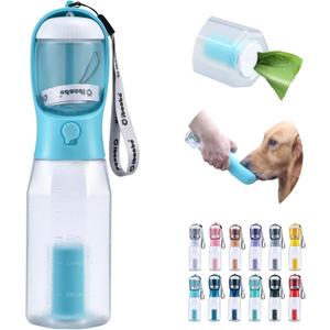 Dog Water Bottle with Food Container & Poop Bag Holder, Travel Water Bowl, Portable Pet Dispenser, Dog Gifts Stuff Accessories Items, Puppy Essentials for Yorkie Chihuahua Walking Hiking (20oz, #01 Blue)