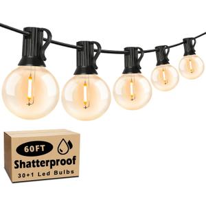60FT Outdoor String Lights Waterproof, Bright 2700K LED Patio Lights String with 30+1 G40 Shatterproof Globe Bulbs, Connectable Edison String Lights for Outside, Garden, Balcony, Porch