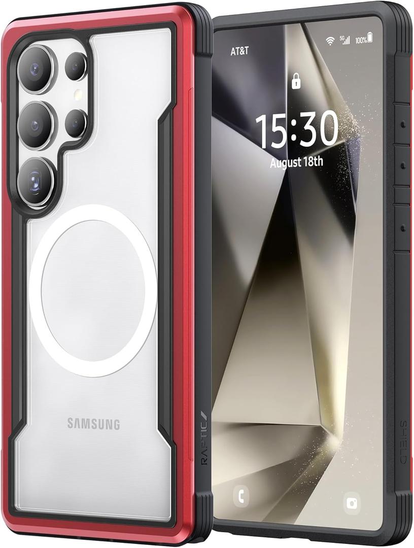 RAPTIC Shield Case Compatible with Samsung Galaxy S24 UltraCompatible with MagSafe, Shockproof Military Grade Protection, Durable Anodized Aluminum Frame, 10ft Drop Tested, Red