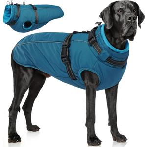 PUMYPOREITY Snow Jacket for Large Dogs Waterproof, Warm Dog Winter Coat with Harness Built in, Fleece Jacket with Back Zipper, Cold Weather Coats for Outdoor, Windproof Pet Snowsuit, Blue, 2XL