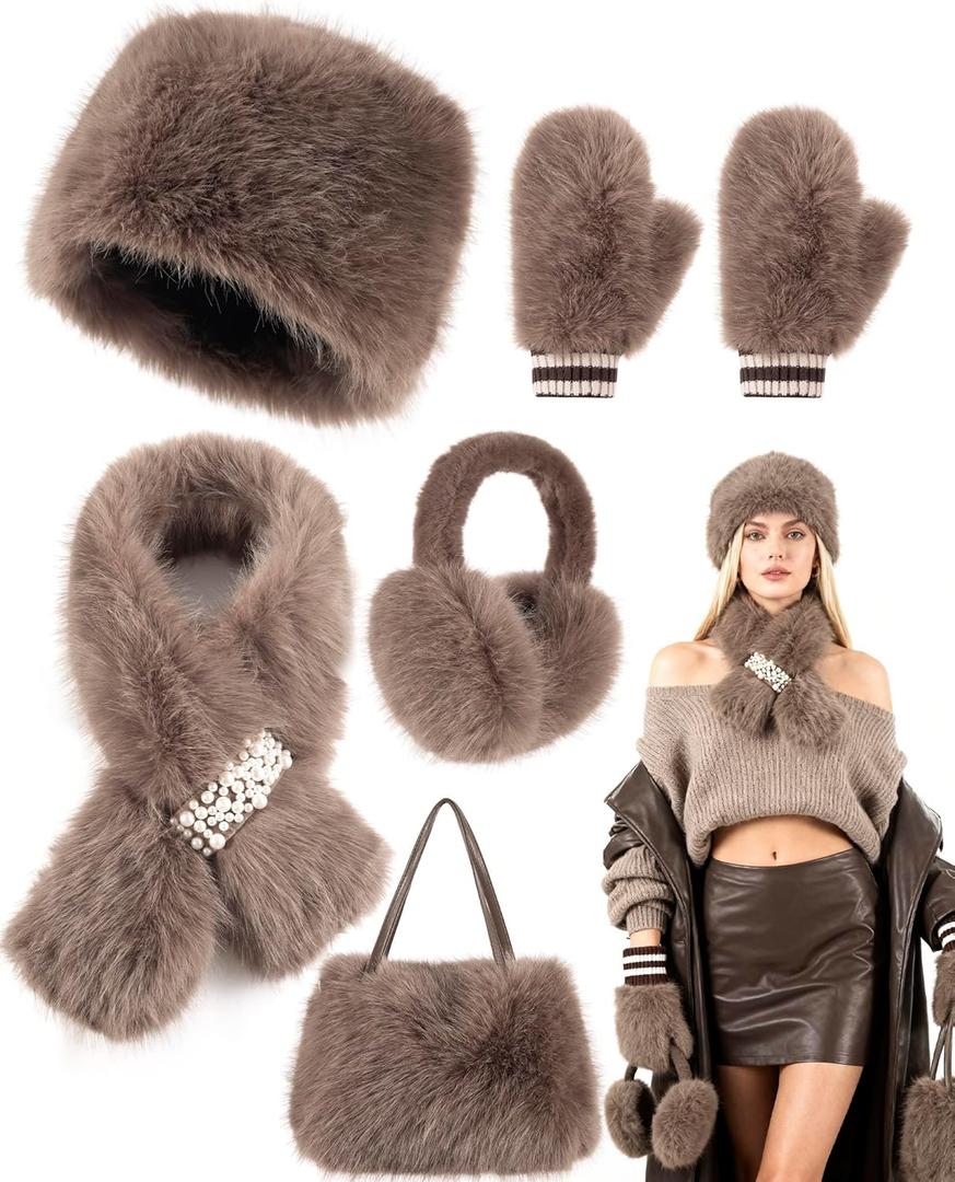 Gifts Sets for Women-5 Piece, Faux Fur Bucket Hat and Glove Set, Valentines Gifts for Her Wife Sister Girlfriends (Elegant Brown)