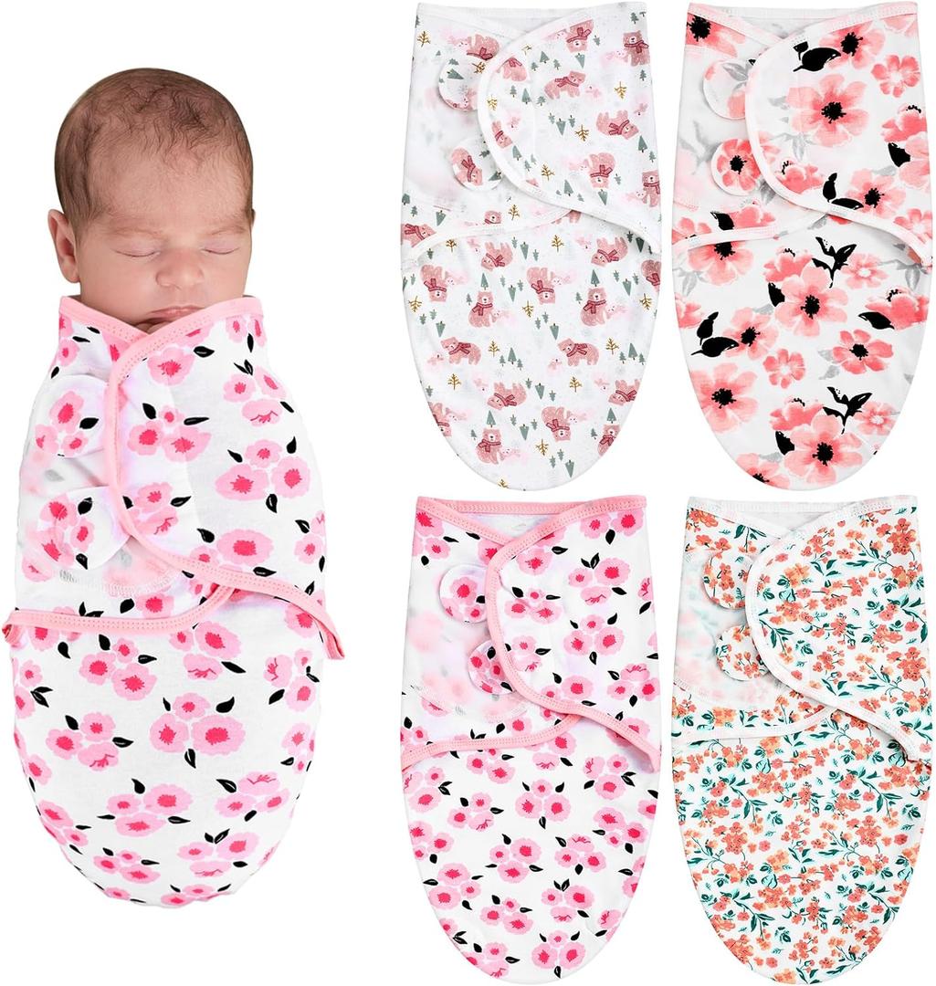 Newwiee 4 Pcs Preemie Baby Swaddle Wrap Adjustable Cotton Preemie Swaddle Blanket for Newborn Boys Girls(Flower Style,Fit for Preemies)