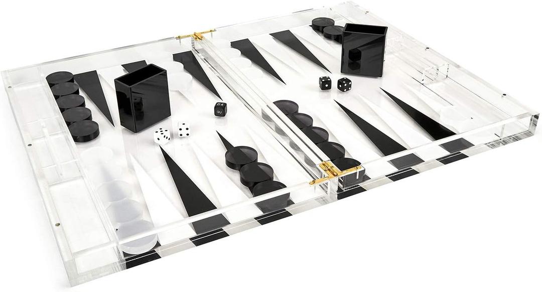 TIZO Elegant 18 Lucite Backgammon Set, Lucite Chips & Cups with Magnetic Closure, Elegant & Practical Boutique Quality Home Dcor, Clear, Black & White