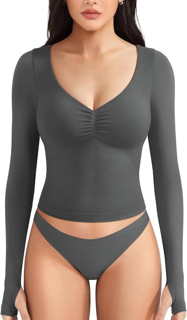 YEOREO Long Sleeve Workout Tops for Women Padded Deep V Neck Double Lined Impact Tops Agniee Slim Fit Gym Athletic Shirts (Small, Dark Grey)