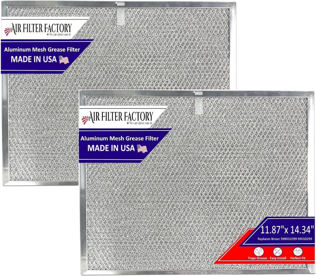 Air Filter Factory Grease Filter S99010299 99010299 Replacement For Broan Range Hood 11-7/8" X 14-11/32" X 3/8" USA Made Aluminum Mesh Grease Filter 2-Pack