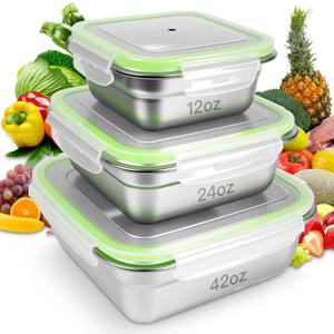 3 Pack Stainless Steel Sandwich Containers with Leak-Proof Lids, BPA-Free Airtight Metal Food Storage Boxes for Lunch, Snacks, Meal Prep Reusable, Stackable, Dishwasher & Freezer Safe(Green)