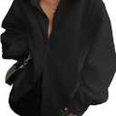 Fisoew Womens Oversized Button Down Shirts Textured Collared Long Sleeve Shacket Casual Fall Blouses Tops (Black)