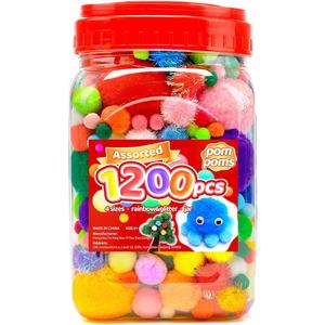 Iooleem Multi-Color Pom Poms, 1200pcs Assorted Size & Color, Pom Poms for Arts and Crafts, Pom Pom Balls with Wiggle Eyes in jar, Glitter Pom Poms, Craft Supplies.