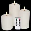 GenSwin Flameless Flickering Candles 3D Wick Battery Operated with 6H Timer, Real Wax Pillar LED Votive Candles Warm Light, Set of 3 Perfect for Party/Wedding/Home Decor(White, D3 x H4.6 5.8 6.8)