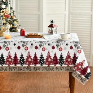 Horaldaily Christmas Tablecloth 60×84 Inch Rectangular, Christmas Ball Ornaments Pine Snow Washable Table Cover for Party Picnic Dinner Decor