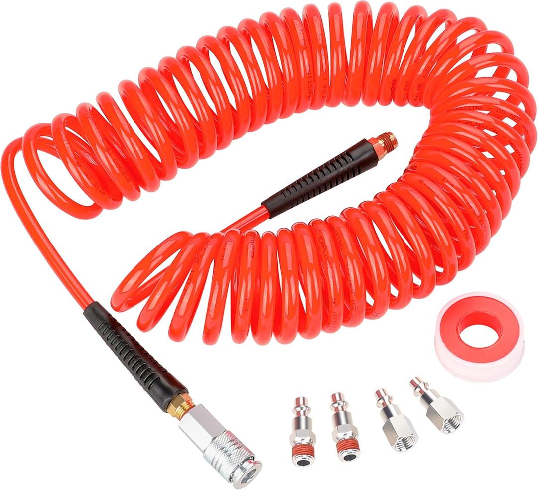 Hromee 1/4 in x 30 ft Polyurethane Recoil Air Compressor Hose with Bend Restrictors Compressor Hose with 1/4" Industrial Universal Quick Coupler and 4PCS I/M Plug Kit, Red