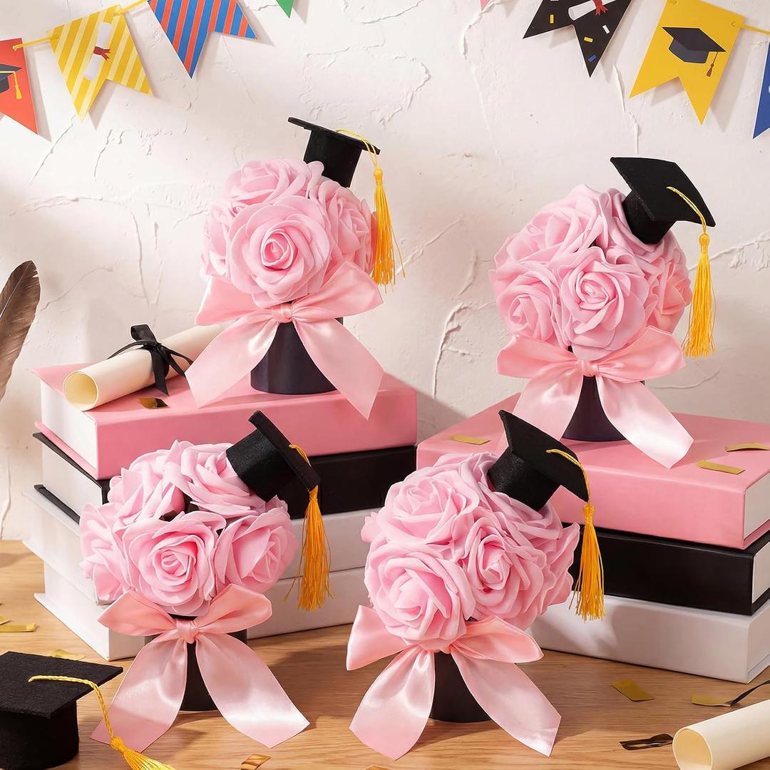 Suncalla 4 Pack Graduation Flower Box Table Centerpiece Class of 2026 Graduation Cap Preserved Flowers in a Box for Congrats Grad Party Decor Supplies Flower Arrangements Decorations (Pink)