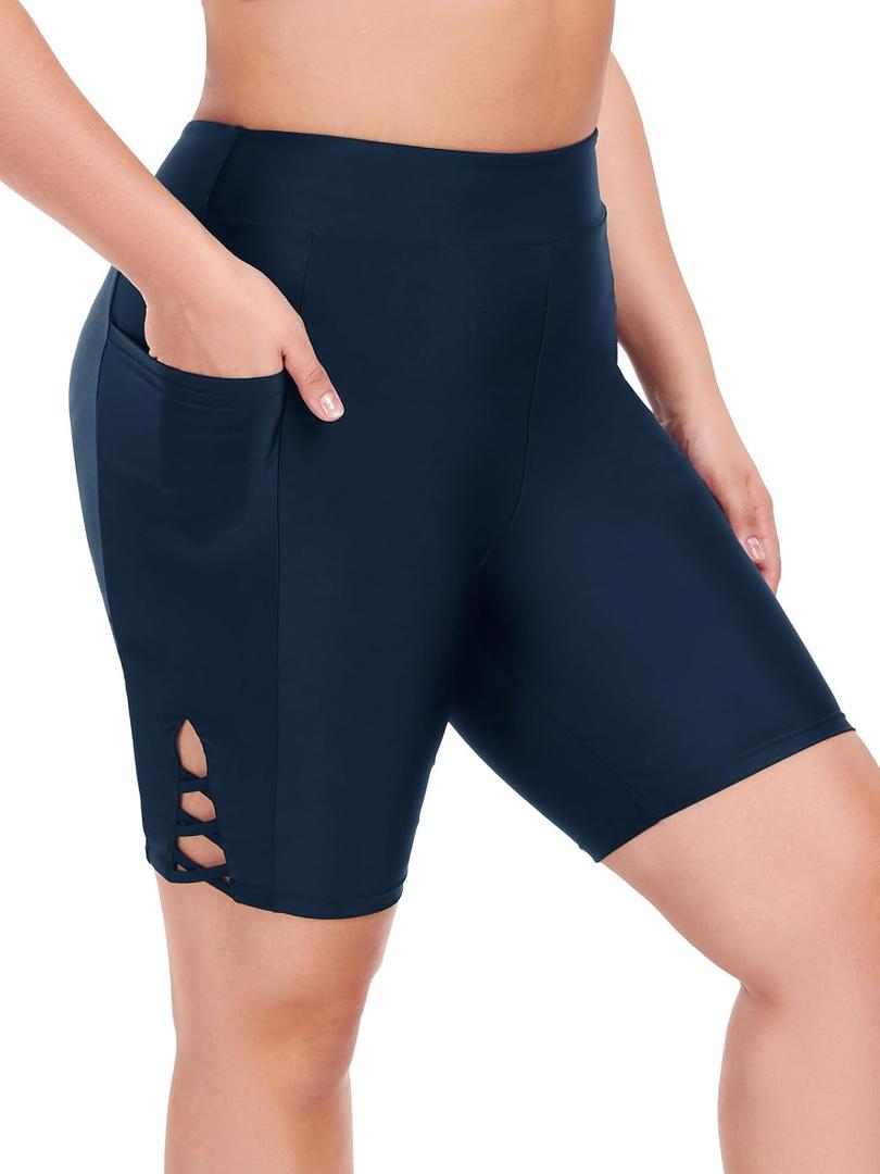 Ocean Blues Women's Navy Blue 8" High Waisted Swim Shorts with Pockets Tummy Control Board Shorts Quick Dry Size X-Large