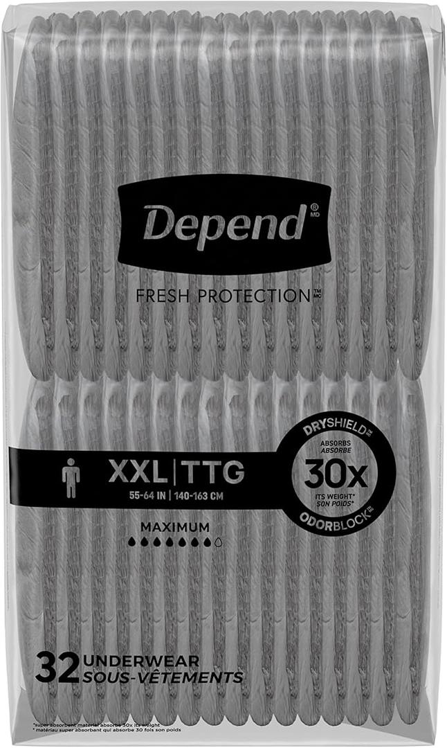 Depend Fresh Protection Adult Incontinence Underwear for Men, Disposable, Maximum, Extra-Extra-Large, Grey, 64 Count