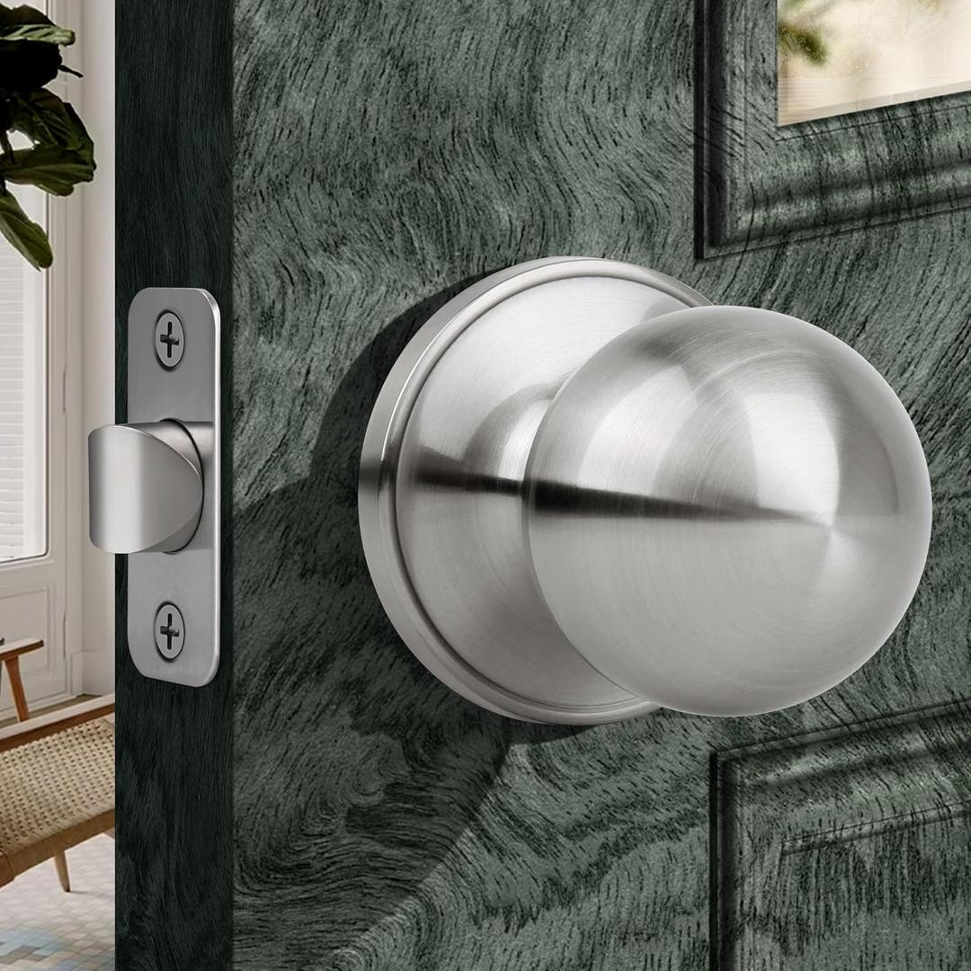Moquin Passage Door Knob Without Lock or Key, Non-Locking Interior Round Ball Door Knob for Hallway or Closet, Satin Nickel