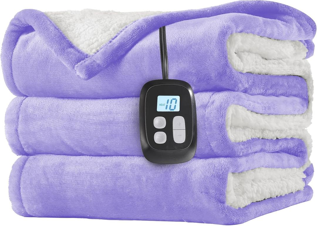 Electric Heated Blanket Full Size 72"x84", Dual-Sided Soft Flannel & Sherpa, LCD Display 10 Heat Settings with 1-12H Timer & Overnight Safe, Bed & Couch, Machine Washable, Light Purple