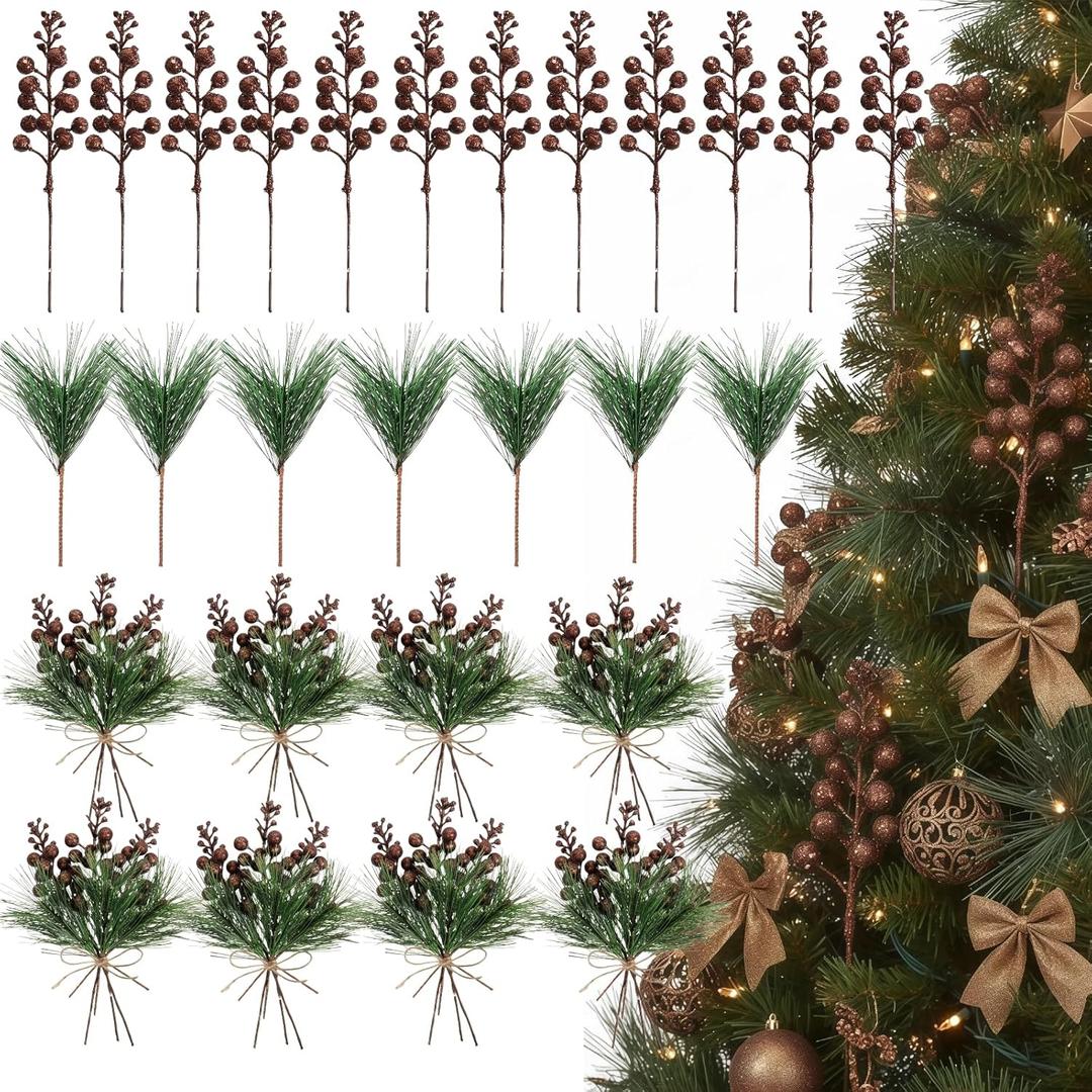 Geosar 48 Pieces Copper Christmas Tree Picks Glitter Berry Stems Artificial Small Picks, Pine Branches & Holly Berries Bulk Christmas Sprigs for DIY Xmas Wreath Crafts Gifts, Holiday Xmas Home Decor